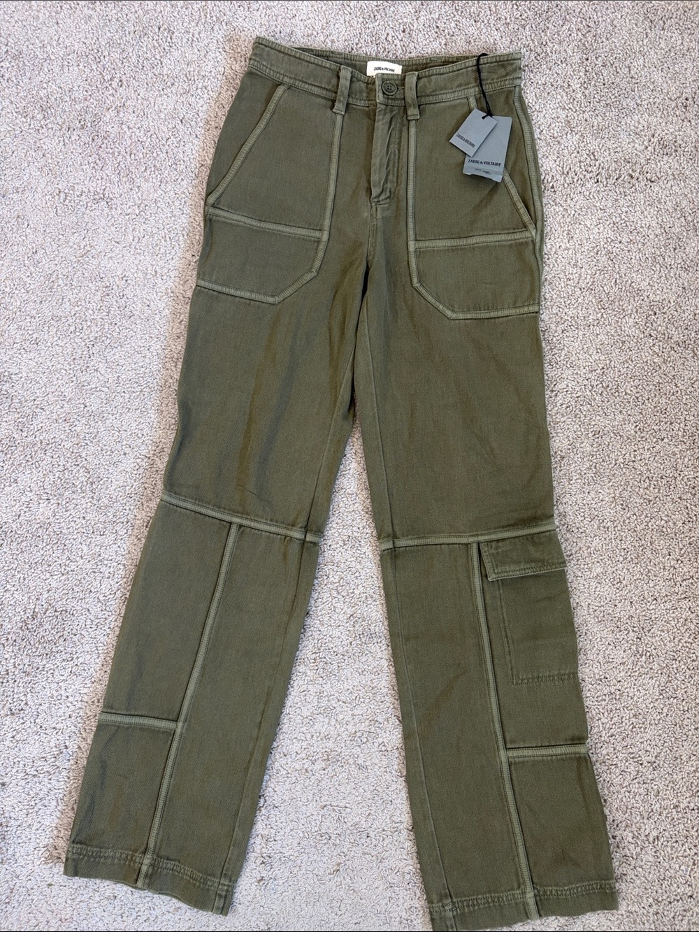 Zadig Voltaire Pepper Cotton Twill Utility Cargo Pants Olive Green US S F 36 NWT